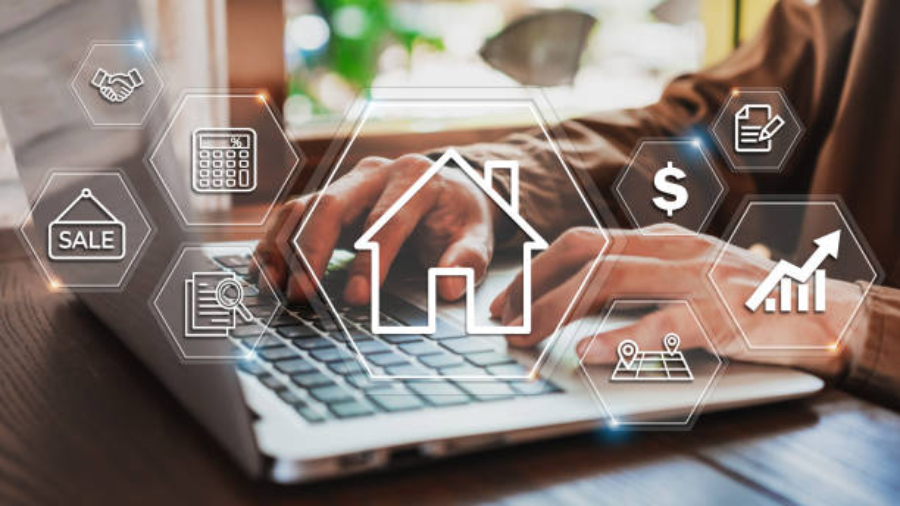 Businessman using laptop to search, Planning and investing in real estate, Property management concept